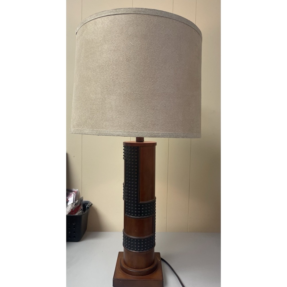 Mid-Century Style Faux Wood Studded Table Lamp w/ Beige Drum Shades Works